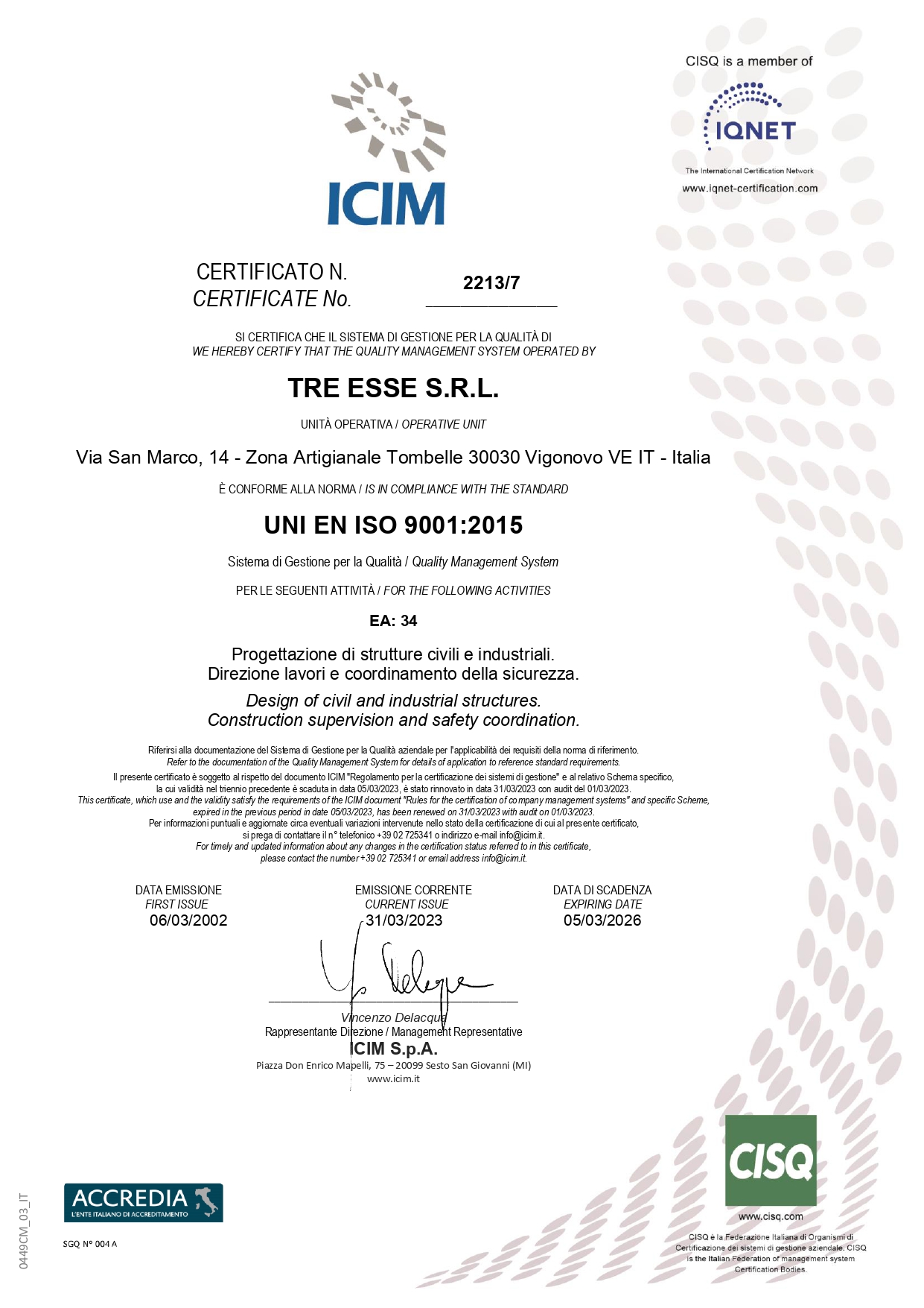 Certificato ISO 9001 2008 3 Esse Srl