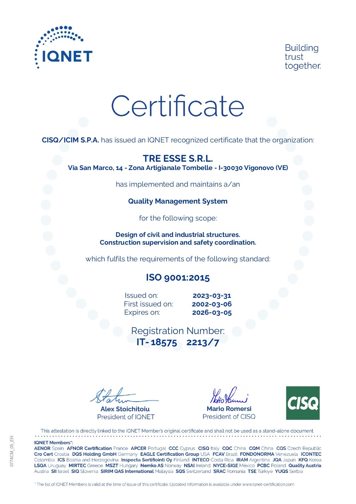 Certificato ISO 9001 2008  3 Esse Srl